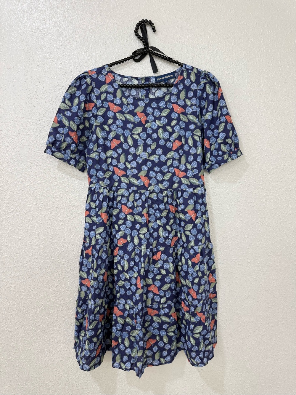 Princess Highway women's Raspberry tiered linen blend Dress S -M blue butterfly